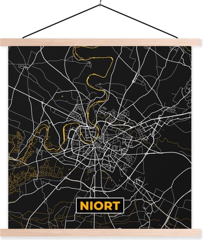 Posterhanger incl. Poster 40x40 cm - Schoolplaat - Stadskaart - Niort - Frankrijk - Kaart - Plattegrond - Textielposter - Blanke latten - Stadskaart