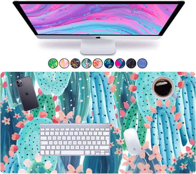 Extra Grote XL Bureaumat en Muismat voor Bureau - Lange Toetsenbord Onderlegger - Roze Groen Cactus Design