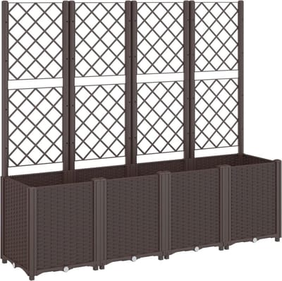 Plantenbak met klimrek - Weerbestendig - Bloembak - Met trellis - Buiten - Hout - 4 Vakken - Plantenrek - Rechthoekig - 4x85 Liter - Bruin