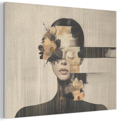 Akoestisch wandpaneel 40x30 cm - Vilt schilderij Gezicht - Bloemen - Zwart - Vrouw - Akoestische panelen - Geluidsdempende wanddecoratie - Geluidsisolatie woonkamer - Muurdecoratie geluidspanelen