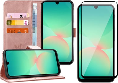Hoesje geschikt voor Samsung Galaxy A17 5G / A26 - Screenprotector Volledig Dekkend Glas - Portemonnee Book Case Rosegoud