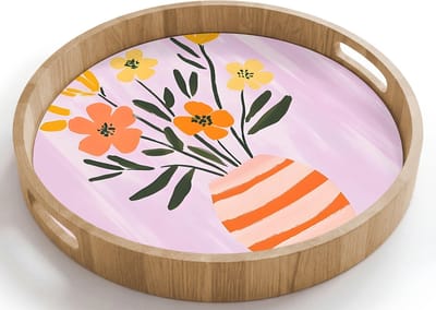 Dienblad rond 40x40 cm - Schootdienblad hout - Vaas - Gestreept - Bloemen - Oranje - Borrelplank rechthoek - Plateau houten dienbladen