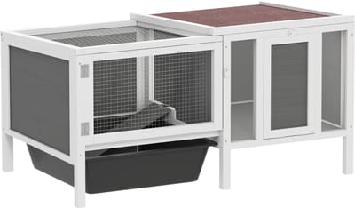 Konijnenhok - ROLIPO - houten konijnenhok met konijnenren - buitenhok met loopplank, 3 ingangen en uitschuifbare lade - dierenverblijf voor kleine huisdieren - grijs - 105 x 57,5 x 51,5 cm