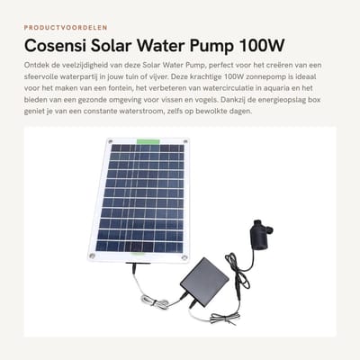 Dailygoods - Solar Water Pump - 100W Zonnepomp - Energieopslag Box - Tuin en Vijver - Waterfontein - Geschikt voor Aquarium en Zwembad