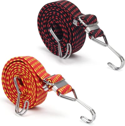 Verstelbare Platte Bungee Koorden - Elastische Spanbanden - Goederen Vastzetten - Plat Ontwerp 3cm Breed - 200 cm - Zwart-rood Oranje-geel