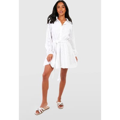 boohoo Dames Petite Broderie Ceintuur Skater Shirtjurk | Wit | Maat: 38