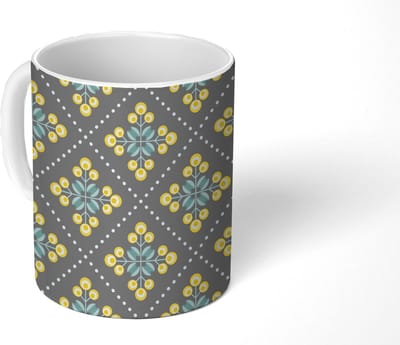 Mok - Koffiemok - Design - Ruit - Bloemen - Grijs - Mokken - 350 ML - Beker - Koffiemokken - Theemok