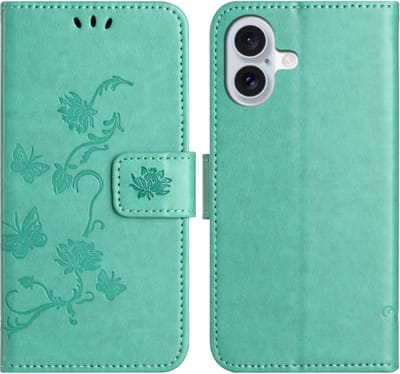 Coverup Hoesje - Geschikt voor iPhone 16 Hoesje - Coverup Bloemen & Vlinders Book Case - Mintgroen