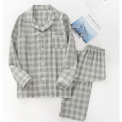 Pyjama Homme Printemps et Automne Pantalon à Manches Longues Coton Double Gaze Treillis Grande Taille Costume Service à Domicile Costume Pyjama Homme XL gris