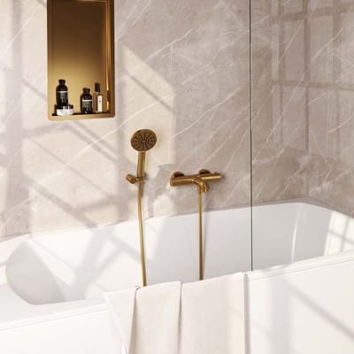 Brauer Gold Edition opbouw baddouche thermostaatkraan SET 04 met wandhouder en 3-standen handdouche en doucheslang goud geborsteld PVD