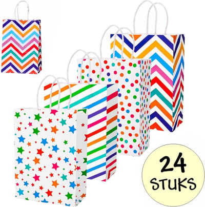 24x Papieren Uitdeeltasjes Party - 15x8x21cm - Stevig Papier - Traktatie Zakjes - Papieren Tasjes - Cadeau Zakjes - Uitdeelzakjes - 4 Verschillende Motieven - Kraftpapier - 24 Stuks