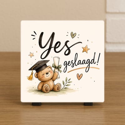 Wenstegeltje "Yes geslaagd!" – Cadeau tegeltje – Trendy nu – Geslaagd – Vriend(in) – Rijbewijs – Diploma – Zomaar – Cadeau – Incl standaard - Ingepakt met confetti