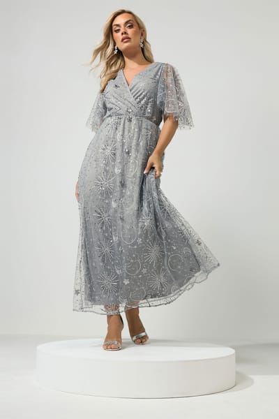 Yours London Curve Zilveren Maxijurk Met Hemelsblauwe Pailletten Size 48