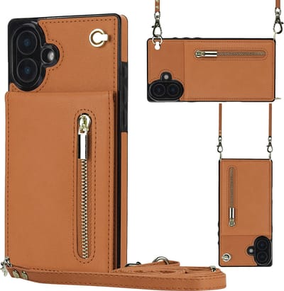 Geschikt voor iPhone 16 Hoesje Met Koord - Solidenz Portemonnee - Telefoonhoesje Met Koord - Wallet Case - Cover Hoes Met Koordje - Backcover Met Koord - Bruin