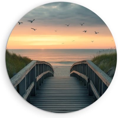 Saammp Muurcirkel Hout - Brug tussen de duinen - strand en zee - Ø 90 - Wandcirkel - Wanddecoratie Cirkel - muurdecoratie Woonkamer - Slaapkamer decoratie - Rond Schilderij