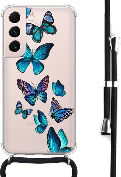 Hoesje met koord - Geschikt voor Samsung Galaxy S22 - Vlinders blauw - Verstelbaar zwart koord - Crossbody - Print / Illustratie - Transparant, Blauw - Leuke Telefoonhoesjes
