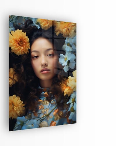 Indoorart - Glasschilderij Vrouw in Bloemen 40x60 CM - Afbeelding op plexiglas - Inclusief montagemateriaal
