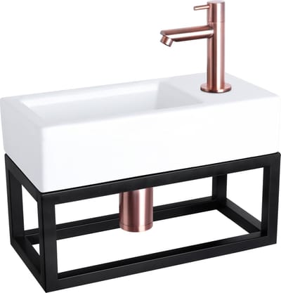 Differnz Ravo fonteinset - 38.5x18.5x24.5cm - Rechthoek - 1 kraangat - Recht koperen kraan - met zwart frame - Keramiek Wit