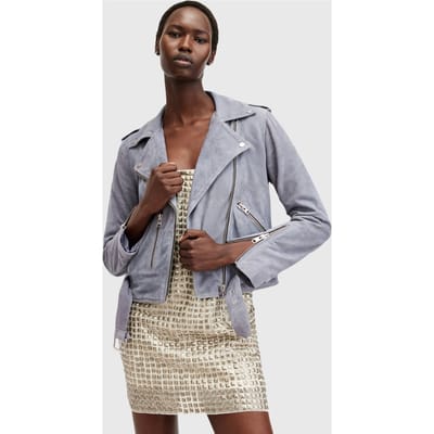 AllSaints Suede Balfern Biker Denim Blue Größe: 8 | Lederjacken Outlet | Damen | Blau