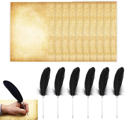 Elegante Vintage Zwarte Veerpen Set met 6 Stukken en 10 Dubbelzijdige Schrijfpapier - Retro Ontwerp voor Stijlvol Schrijven, Perfect als Cadeau voor Zakenpartners en Vrienden