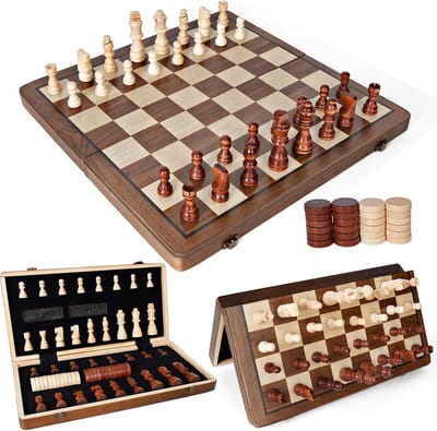 Houten Magnetisch Schaakspel 39cm - Inklapbaar Bord met 32 Stukken en Dames - Inclusief Opbergtas