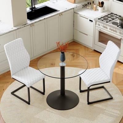 Set Tafel En Stoelen - Ronde Glazen Tafel Met 2 Stoelen - Hoge Rugleuning En Ruitstiksel - Voor Eethoek En Keuken - Metaal Wit Zwart