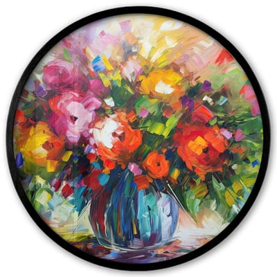 Poster in lijst Rond - Fotolijst 40x40 cm - Posters - Bloemen - Kleurrijk - Bloempot - Olieverf - Ronde posterlijst zwart - Decoratie - Wanddecoratie woonkamer - Muurdecoratie slaapkamer