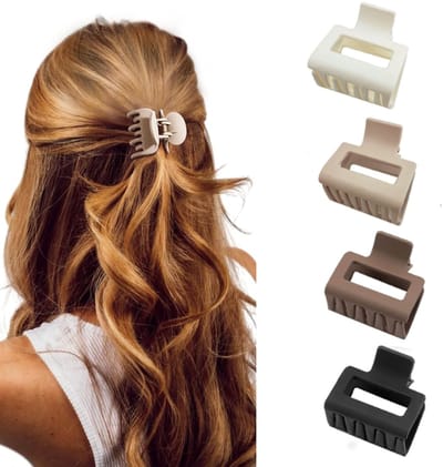 Matte haarclips - Rechthoekige vier-pack - Vier kleuren voor dun/middelfijn haar - Antislip kinclip (beige-kaki-bruin-zwart)