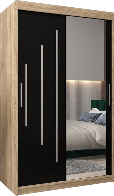 InspireMe - Kledingkast met 2 schuifdeuren, Modern-stijl, Een kledingkast met planken en een spiegel (BxHxD): 120x200x62 - MALTESE II 120 Sonoma Eik + Zwart Mat