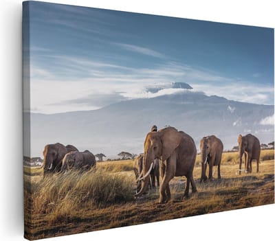 Artaza Canvas Schilderij Olifanten Kudde - 30x20 cm - Klein - Wanddecoratie Woonkamer - Muurdecoratie Wilde Dieren - Kamer Accessoires Safari