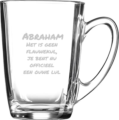 Gegraveerde theeglas 32cl Abraham het is geen flauwekul, jij bent nu officeel een ouwe lul