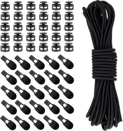 20 meter elastisch rubberkoord 3 mm, zwart, inclusief 30 clips en 30 stoppers voor touw, ideaal voor rugzakken, trekkoorden en laces