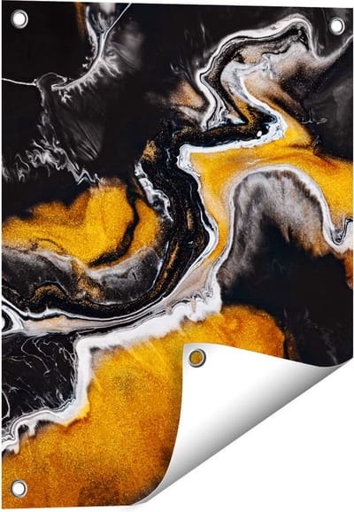 Gards Tuinposter Abstracte Kunst van Zwarte Gouden Verf - 40x50 cm - Tuindoek - Tuindecoratie - Wanddecoratie buiten - Tuinschilderij