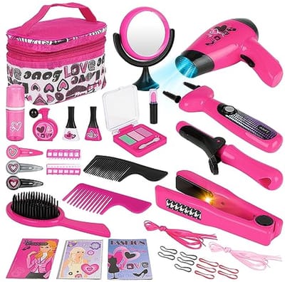 Kapsalon voor kinderen, kapper en make-uptas beautyset voor meisjes, haarstyling, make-up accessoires, speelset, incl. vlechtmachine en haardroger
