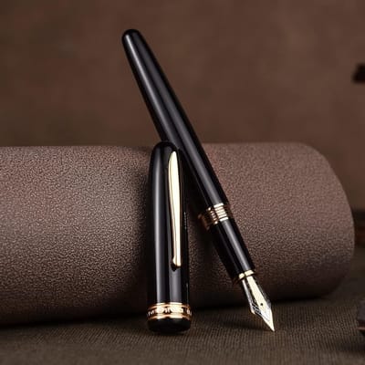 Elegant Vulpen met Extra Fijne Nib in Zwart Hars, Inclusief Luxe Metalen Pennendoos voor Perfect Schrijven