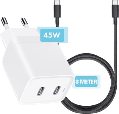 45w usb C Power Adapter met 2 usb C Poorten + 1x Nylon usb C naar usbC Kabel - 3 Meter - Geschikt voor iP15,Pro,Max,S24,S23,S22 Snellader