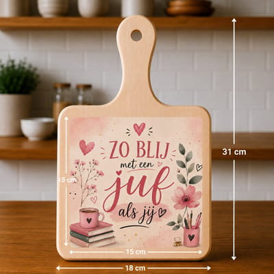 Kaasplank met Tegel Zo Blij met een Juf als Jij – Bedankcadeau voor Juf – Houten Serveerplank 18x31 cm met Tegel 15x15 cm
