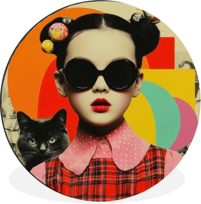 WallCircle - Wandcirkel - Muurcirkel - Meisje - Zonnebril - Kat - Retro - Aluminium - Dibond - 30x30 cm - Binnen en Buiten