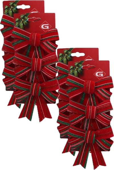 Gerimport Kerst ornamenten strikken - 12x st - donkerrood - 10 x 13 cm - kerstboomstrikjes