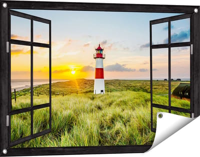 Gards Tuinposter Doorkijk Vuurtoren met Zonsopgang op een Eiland - 90x60 cm - Tuindoek - Tuindecoratie - Wanddecoratie buiten - Tuinschilderij