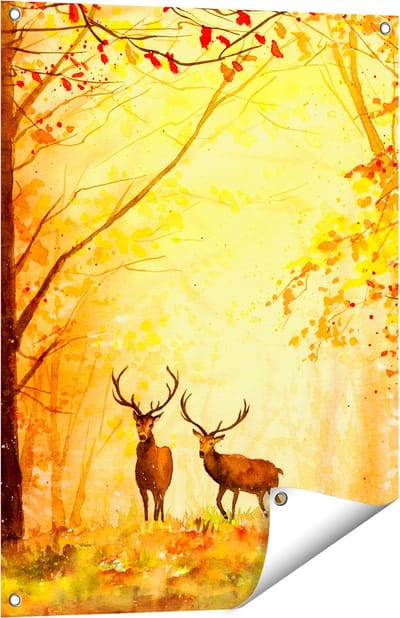 Gards Tuinposter Getekende Herten in het Bos - Herfst - 60x80 cm - Tuindoek - Tuindecoratie - Wanddecoratie buiten - Tuinschilderij