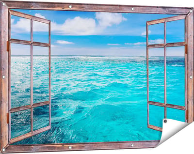 Gards Tuinposter Doorkijk Blauwe Caribische Zee Water - 120x80 cm - Tuindoek - Tuindecoratie - Wanddecoratie buiten - Tuinschilderij