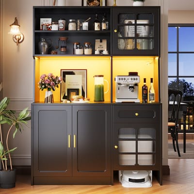 Keukenkast - 130 x 45 x 180 cm - Hoog Sideboard met Glazen Deuren en LED - Glas - Zwart