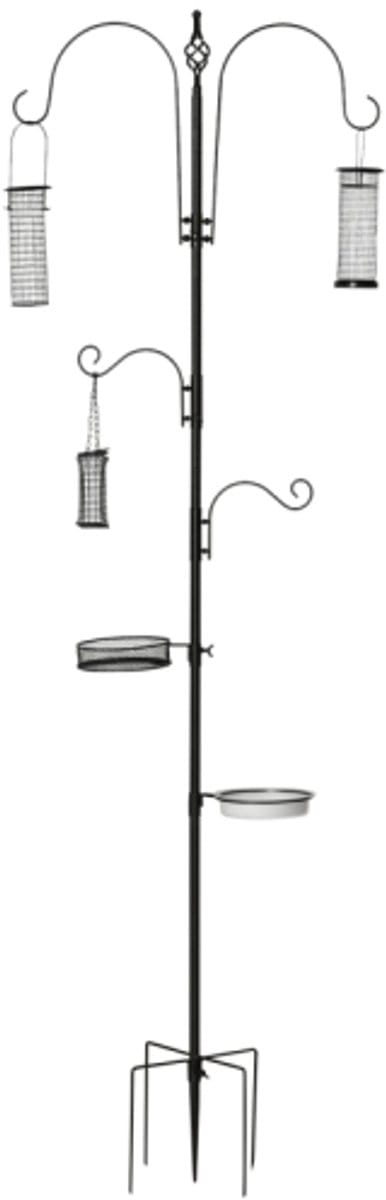 Vogelvoerstation van staal, 54.5x54.5x208cm inclusief 4 haken, voederplateau en vogelbad complete voerstation zwart