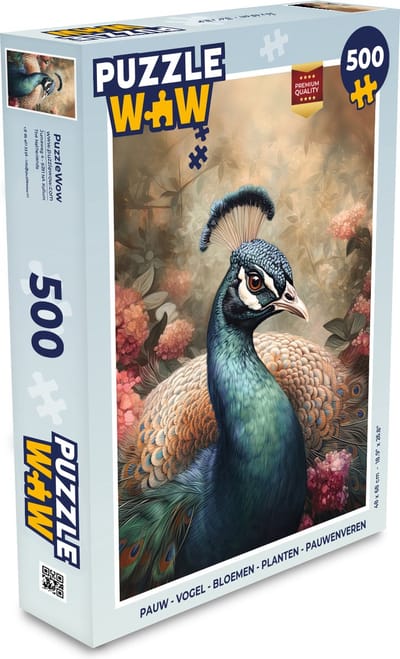 Puzzel Pauw - Vogel - Bloemen - Planten - Pauwenveren - Legpuzzel - Puzzel 500 stukjes
