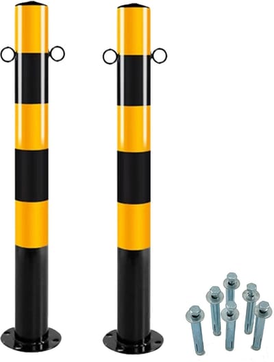 Dailygoods- Afsluitpalen Robuust - 2 Ogen voor Kettingen - Stalen Staander - Zwart-Geel - Ø 76 mm - Hoogte 750 mm - Reflecterende Folie - Parkeerpalen