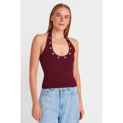 Korte Halternek Geribbelde Blouse Met Steen Detail