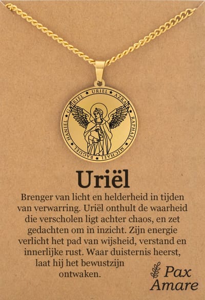 Beschermengel Uriël Ketting op Cadeau Kaartje - Goudkleurig - Aartsengel Talisman / Medalion - Stainless Steel Engelen Hanger - 60cm