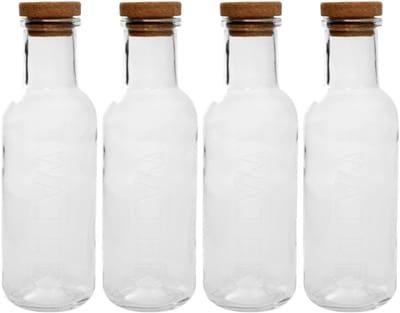HOMLA - 4-Delige - Maeve Karaf - Glazen Waterkaraf met Kurken Stopper - Luxe Schenkkan voor Water, Sap & Dranken - Transparante Glazen Fles - Moderne Tafeldecoratie - 27.6 x 8 cm - 1L - Transparant