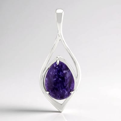 Cavill - Zilveren Hanger - 925 Sterling Zilver Gerhodineerd - Peervormige Charoite 7,013 ct - Elegante Paarse Edelsteen - Gevlochten Design 42x16 mm